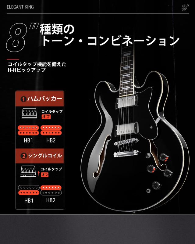 Donner セミアコギター エレキギター セミアコースティックギター セミホロウボディ ダブルカッタウェイ Jazz Electric Guitar with Semi_3