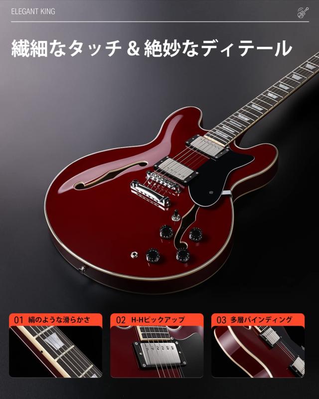 Donner セミアコギター エレキギター セミアコースティックギター セミホロウボディ ダブルカッタウェイ チェリー色 DJP-1000R_2