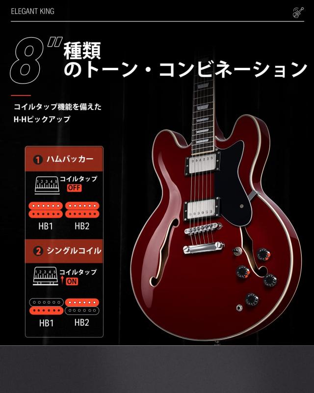 Donner セミアコギター エレキギター セミアコースティックギター セミホロウボディ ダブルカッタウェイ チェリー色 DJP-1000R_3