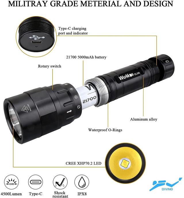 Wurkkosダイビングライト DL10R LED 懐中電灯 防水 4500ルーメン 超