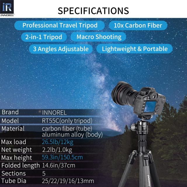 INNOREL カーボン 三脚 中小型 トラベル 超軽量 耐荷重 12KG 五段 37-158CM 一脚 可変式 360° パノラマ チューブ径 25/22/19/16/13MM セ