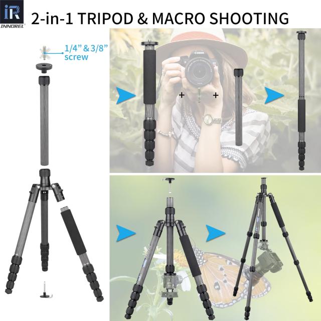 INNOREL カーボン 三脚 中小型 トラベル 超軽量 耐荷重 12KG 五段 37-158CM 一脚 可変式 360° パノラマ チューブ径 25/22/19/16/13MM セ