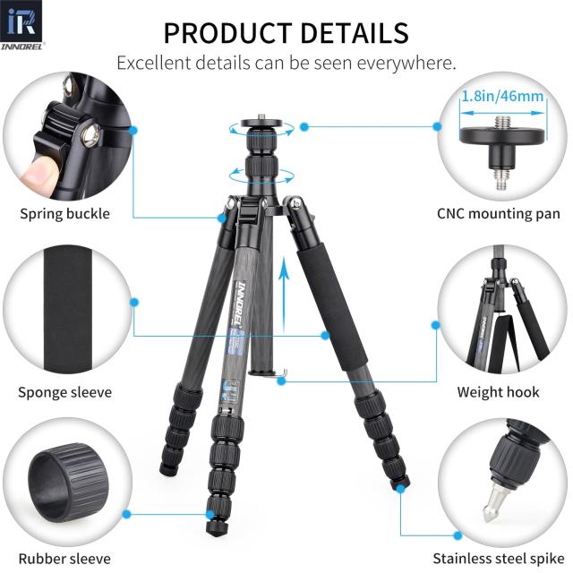 INNOREL カーボン 三脚 中小型 トラベル 超軽量 耐荷重 12KG 五段 37-158CM 一脚 可変式 360° パノラマ チューブ径 25/22/19/16/13MM セ