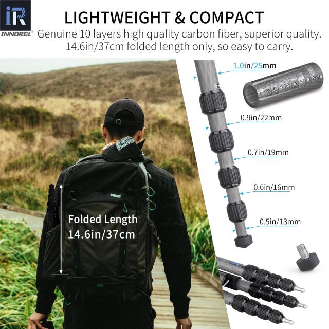 INNOREL カーボン 三脚 中小型 トラベル 超軽量 耐荷重 12KG 五段 37-158CM 一脚 可変式 360° パノラマ チューブ径 25/22/19/16/13MM セ