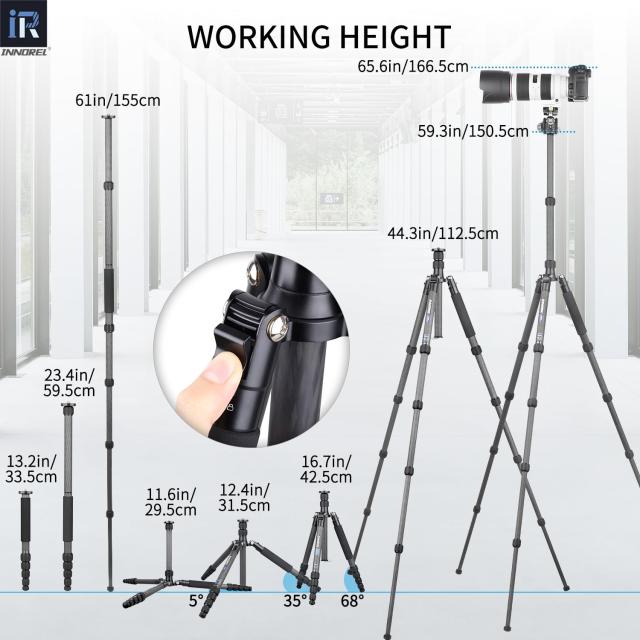 INNOREL カーボン 三脚 中小型 トラベル 超軽量 耐荷重 12KG 五段 37-158CM 一脚 可変式 360° パノラマ チューブ径 25/22/19/16/13MM セ