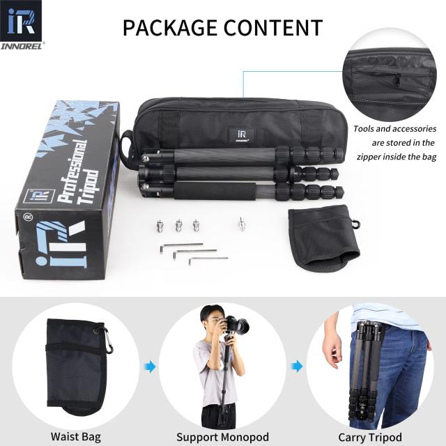 INNOREL カーボン 三脚 中小型 トラベル 超軽量 耐荷重 12KG 五段 37-158CM 一脚 可変式 360° パノラマ チューブ径 25/22/19/16/13MM セ