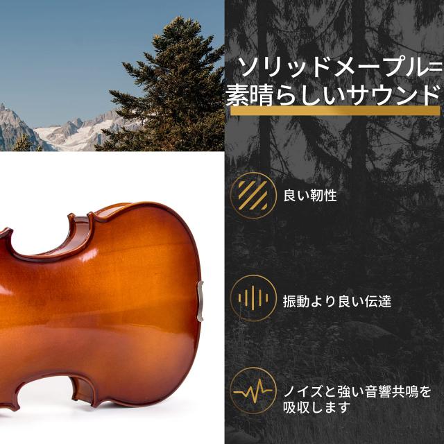 Kmise バイオリン, フルサイズ4/4 ソリッドウッド 初心者入門セット 