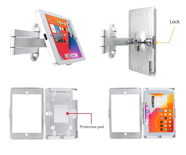 Westruggleタブレットブラケット、壁ネジ固定、引張り折りたたみ調整アーム、10.2’’iPad(9th 8th 7th Gen.)、防犯安全ロックと鍵付き、多