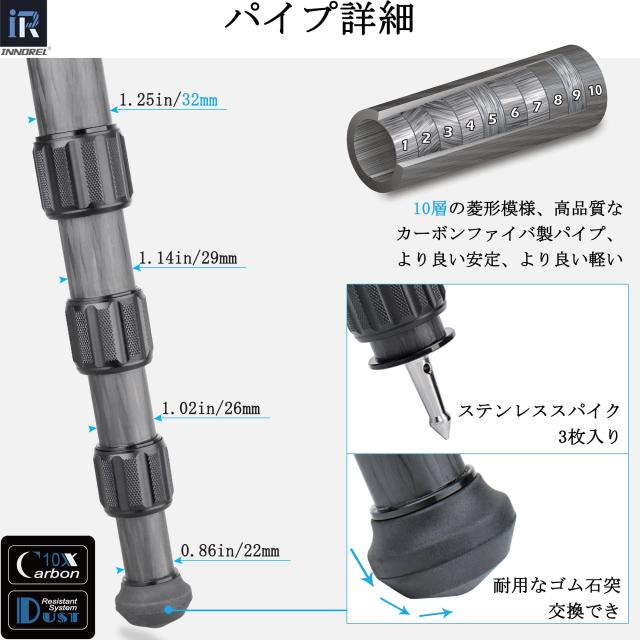 INNOREL LT324CG カメラ用三脚 カーボンファイバー プロ三脚 緑迷彩 超大型三脚スタンド 耐荷重30KG 四段伸縮 8-146MM 32/29/26/22MM パ