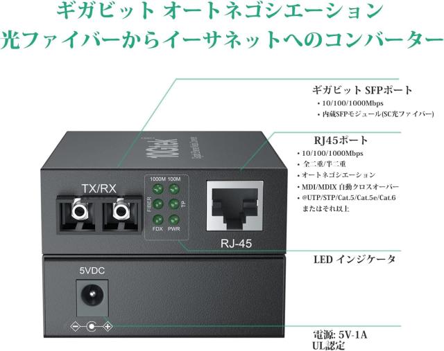 1.25G ギガビット 光メディアコンバーター、10/100/1000M RJ45から1000M マルチモード 2芯 SCファイバー、内蔵SCモジュール、最大550mの通販は