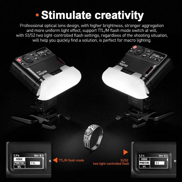 Godox MF12-K2 マクロフラッシュ 2ライトキット オフカメラ TTL フラッシュスピードライト 12W、2.4G 無線制御、TTL/M モード、内蔵 3.7V