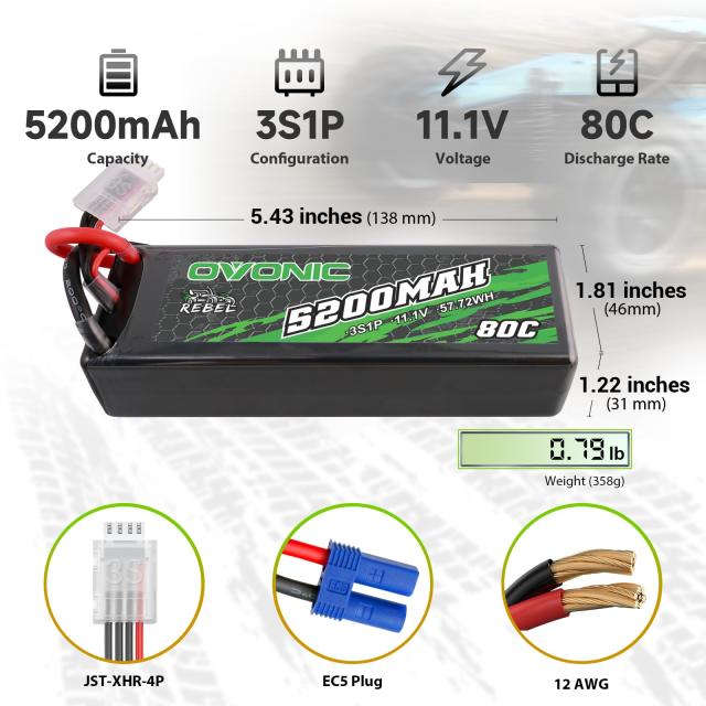 OVONIC 80C 3S 5200mAh 11.1V Lipo電池、EC5コネクタ付き、arrma 1/10、1/8、1/7スケールRC自動車とトラックBugggy Truggyの2つに適用可_1