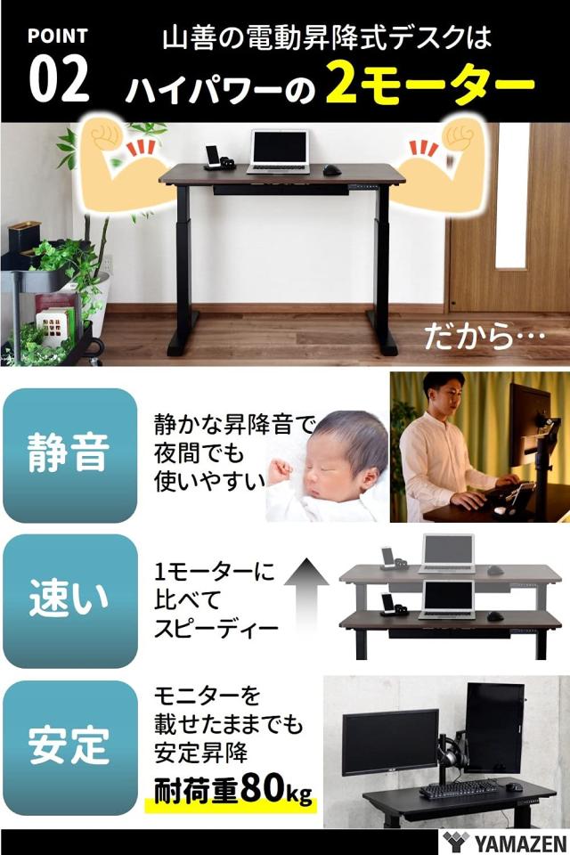 山善 昇降デスク 電動 昇降式 スタンディングデスク 上下昇降 pc オフィスデスク テレワーク スリム 2モーター 静音 速い 安定昇降 メモ_4