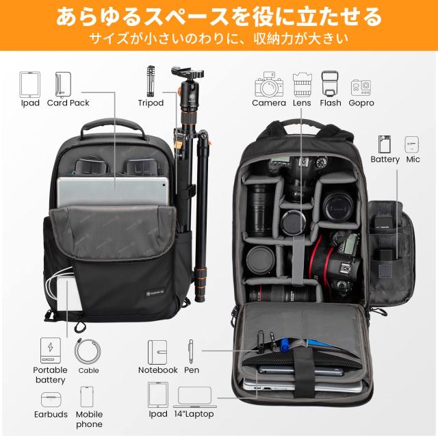 TARION カメラバッグ カメラバックパック カメラリュック 大容量 11.5L サイドアクセス 三脚収納 軽量 防水 一眼レフカメラバッグ DSLR