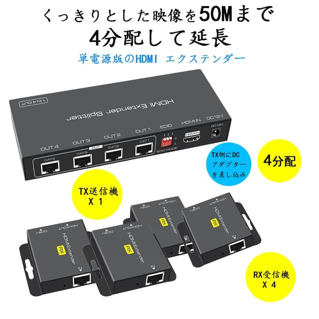 【4分配 エクステンダー】HDMI 分配 エクステンダー EX714 単電源 イーサネット 延長器 LAN 分配 RJ45 Splitter 50Mまで 延長 分配器 108 4分配 エクステンダー】HDMI 分配 エクステンダー EX714 単電源