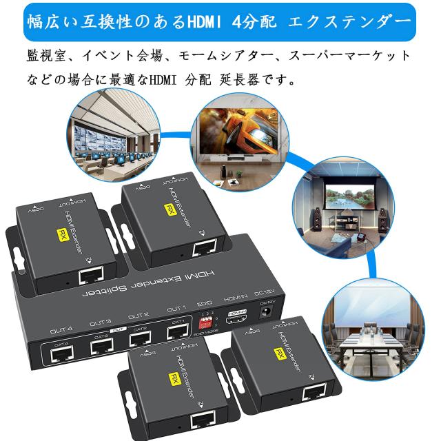 HDMI 4分配 エクステンダー PoCタイプ、伝送距離70m＠1080P、40m@4K