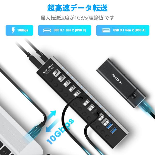 ROSONWAY USB ハブ 3.1 Gen2 10Gbps 13ポートアルミ製 72W USB HUB セルフパワー USBケーブルとType Cケーブル 付き 12V/6A ACアダプタ_1