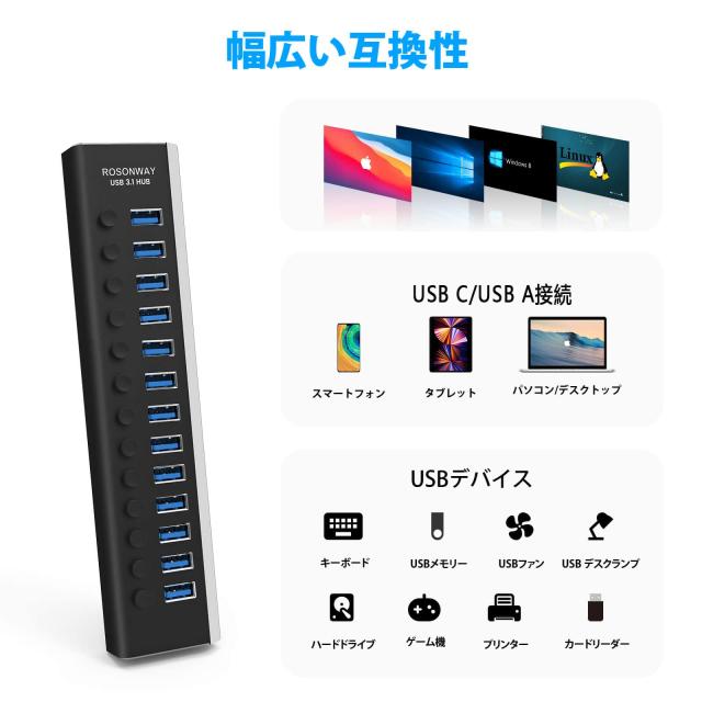 ROSONWAY USB ハブ 3.1 Gen2 10Gbps 13ポートアルミ製 72W USB HUB セルフパワー USBケーブルとType Cケーブル 付き 12V/6A ACアダプタ_4