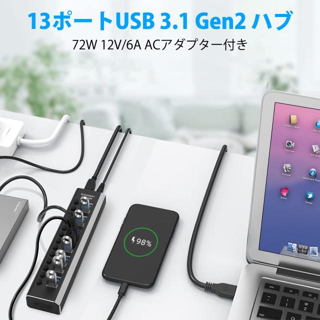 ROSONWAY USB ハブ 3.1 Gen2 10Gbps 13ポートアルミ製 72W USB HUB セルフパワー USBケーブルとType Cケーブル 付き 12V/6A ACアダプタ_6