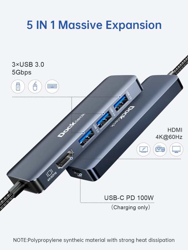USB C ハブ 4K@60Hz HDMI出力 Dockteck 5-IN-1 USB Type C ハブ ドッキングステーション 4K HDMI 交換アダプタ  USB C PD 100W急速充電 ポの通販はau PAY マーケット - アブソリュート au PAY マーケット店 | au PAY  マーケット－通販サイト