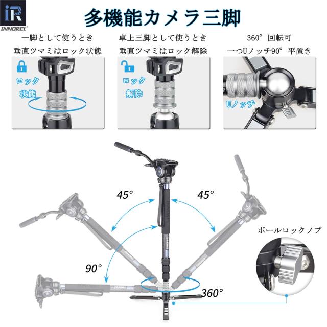 INNOREL モノポッド スタンド カーボン 一脚 ビデオ 撮影用 フリュード雲台 F60 卓上三脚 可変式 360度パノラマ ナットロック 四段伸縮 7_7