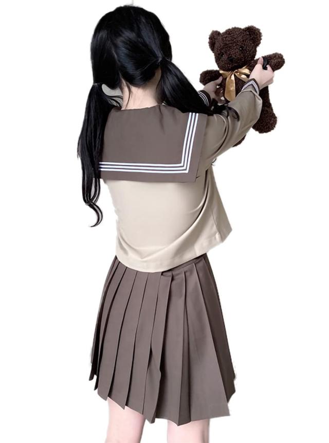 まるこの猫柳セーラー服 長袖 半袖 茶色人気 学生服 夏物 前開き プリーツスカート 女子高校 制服 可愛い コスプレ 靴下付き (茶色セッ CAWILXHA] 【まるこの猫柳】セーラー服 長袖 半袖 茶色人気 学生服