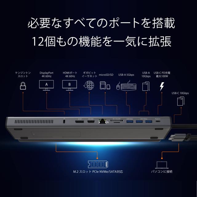 j5create USB-C 12-in-1 Dual Display デュアル4K60ドッキングステーション、内蔵M.2 SSDスロット、HDMI、DisplayPort、10Gbps USB-A、PD_1