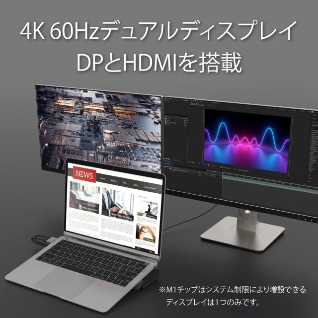 j5create USB-C 12-in-1 Dual Display デュアル4K60ドッキングステーション、内蔵M.2 SSDスロット、HDMI、DisplayPort、10Gbps USB-A、PD_6