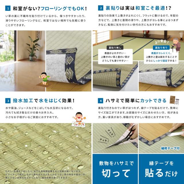 萩原 フリーカット上敷き い草カーペット 撥水 裏貼あり 縁補修テープ付き 本間8畳 ナチュラル_3