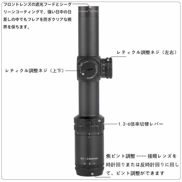 T-EAGLE ライフルスコープ EO1.2-6x24WA 可変倍率 ショートスコープ (ワンピースマウント付)bkの通販はau PAY マーケット  - 36Shopkt 送料無料 | au PAY マーケット－通販サイト