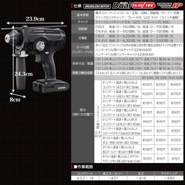 パナソニック(Panasonic) 充電ハンマードリル 18V 5.0Ah電池パック×2個/充電器/プラスチックケース付 デュアル(14.4V/18V) 軽量 2.4Kg E_6