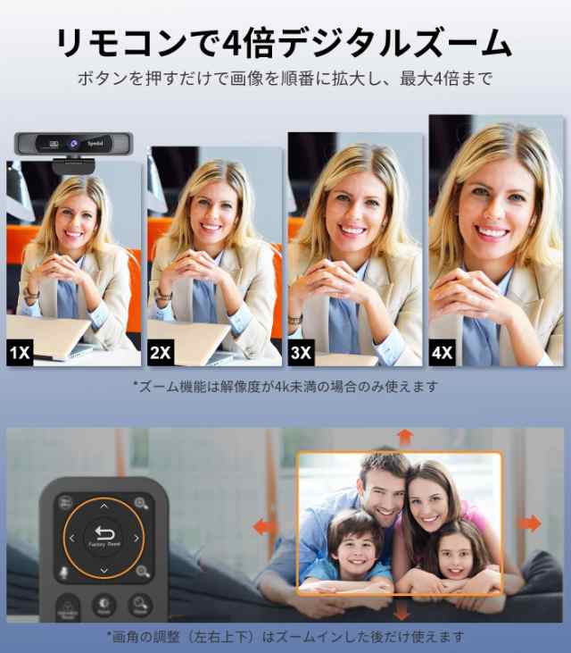Spedal Webカメラ 4K UHD 800万画素 4倍ズーム 120°広角 会議