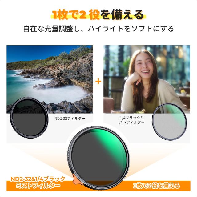 K＆F Concept 67mm 可変NDフィルターND2-ND32+ブラックミスト1/4 多機能一枚二役フィルター 日本製AGC光学ガラス HD超解像力 低い反射率 2_2