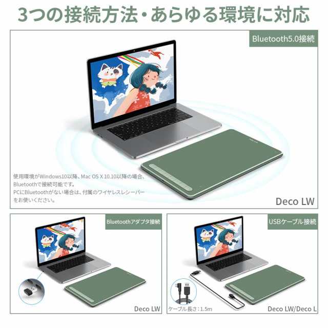 XPPen ペンタブ Deco LW ワイヤレス Bluetooth対応 板タブ ペンタブレット 10x6インチ X3チップ搭載ペン付 傾き検知 選べる4色 デザイン
