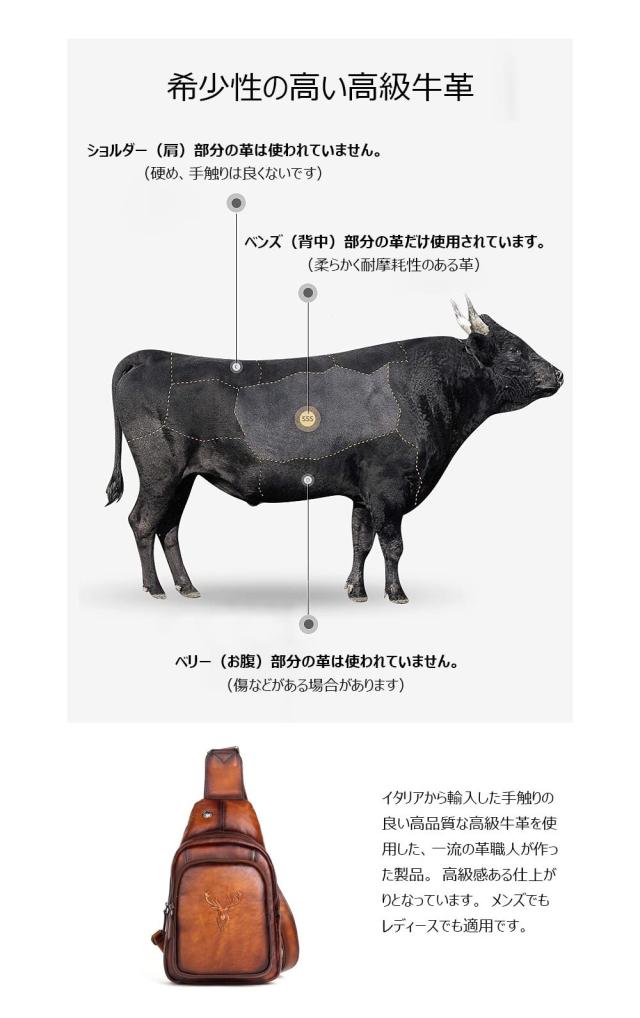 [Ｗｈａｔｎａ] アンティーク風合い鞣し天 然牛 革 斜めがけ ボディバッグ ワンショルダー メンズ 本革 厚手 レザーイヤホン穴付 13541 (_5