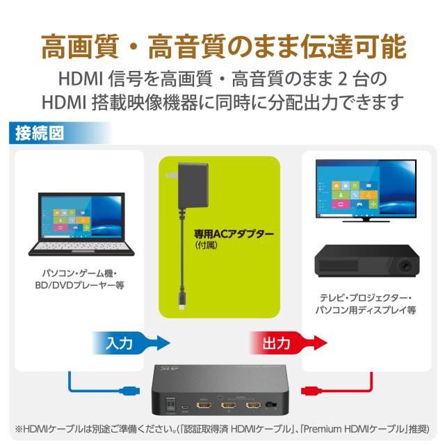 エレコム HDMI分配器 4K 60Hz(18Gbps) 1入力 2出力 HDCP2.2対応 VSP-HDP12BK_2