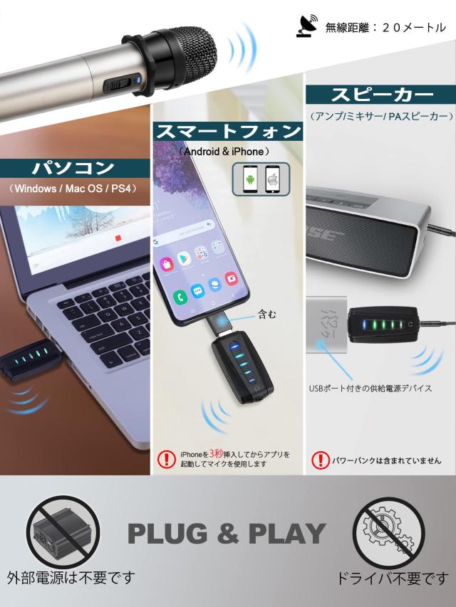 ワイヤレスマイクUSB ALVOXCON ピンマイク ハンドマイク iPhoneマイク