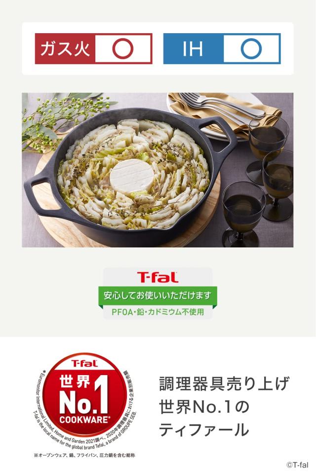 ティファール 両手鍋 28cm 鋳物なのに軽くて使いやすい IH ガス火対応