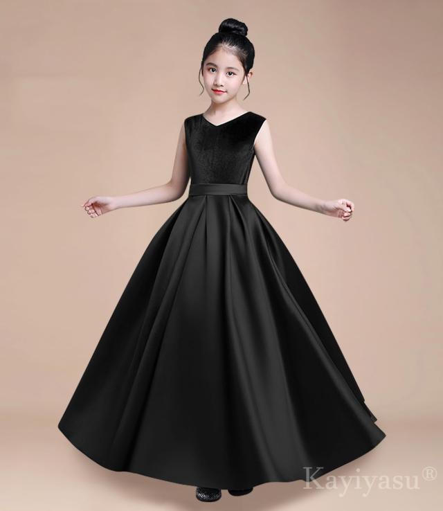 Kayiyasu] 子供 ロング ドレス ピアノ 発表会 Vネック サテン