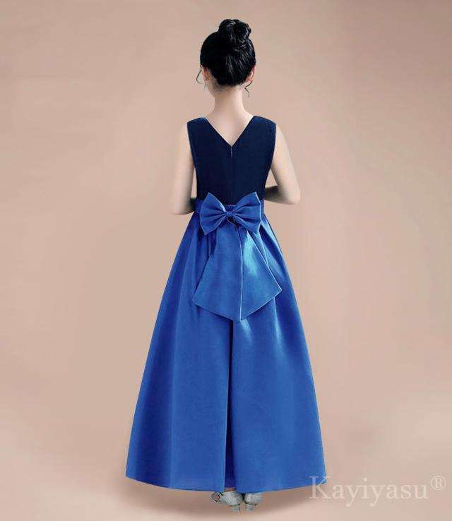 Kayiyasu] 子供 ロング ドレス ピアノ 発表会 Vネック サテン