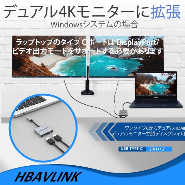 HDMI 分配器 拡張モード対応、HBAVLINK Type C マルチディスプレイ