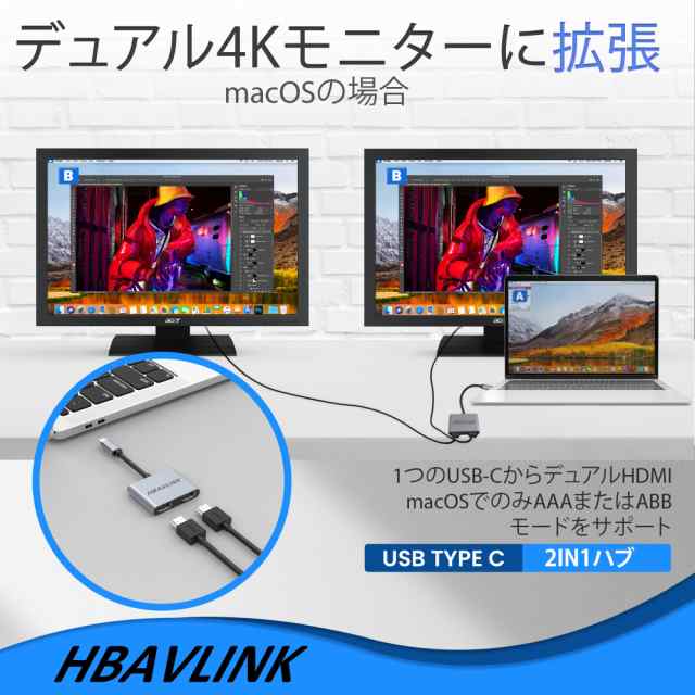 HDMI 分配器 拡張モード対応、HBAVLINK Type C マルチディスプレイアダプタType-cからデュアルhdmiへのアダプター hdmi  拡張器 2画面出力の通販はau PAY マーケット - KiraKira Market | au PAY マーケット－通販サイト