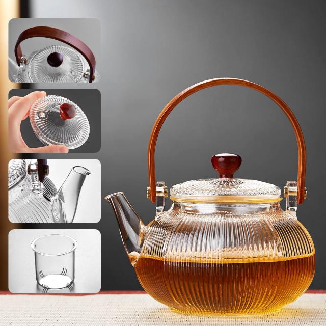 ポカロティー 耐熱ガラスティーポットセット 縦縞硝子急須 ティーカップ４個 ランタン形 おしゃれ 上手型 紅茶 緑茶 満水容量760ml