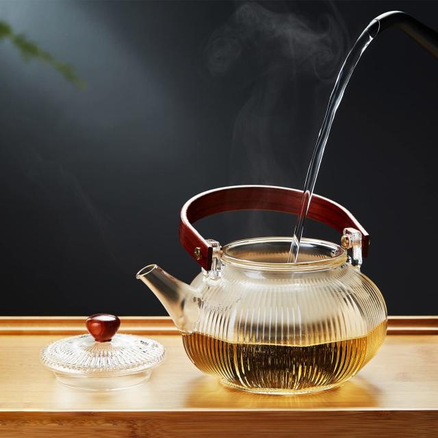 ポカロティー 耐熱ガラスティーポットセット 縦縞硝子急須 ティーカップ４個 ランタン形 おしゃれ 上手型 紅茶 緑茶 満水容量760ml