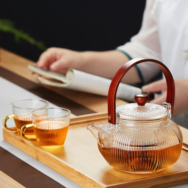 ポカロティー 耐熱ガラスティーポットセット 縦縞硝子急須 ティーカップ４個 ランタン形 おしゃれ 上手型 紅茶 緑茶 満水容量760ml