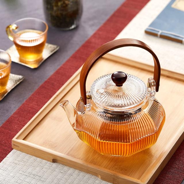 ポカロティー 耐熱ガラスティーポットセット 縦縞硝子急須 ティーカップ４個 ランタン形 おしゃれ 上手型 紅茶 緑茶 満水容量760ml