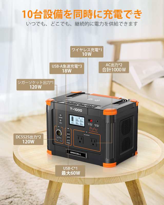 GRECELL ポータブル電源 大容量 1000W 270000mAh/999Wh ポータブルバッテリー AC高出力1000W(瞬間最大2000W)  /USB QC3.0/DC/ワイヤレス出の通販はau PAY マーケット - なんでん屋 au PAY マーケット店 | au PAY  マーケット－通販サイト