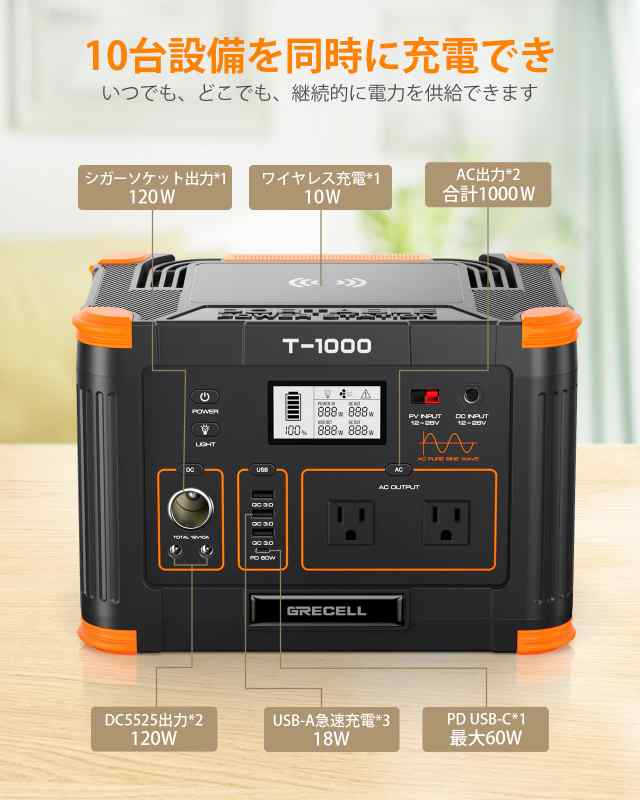 GRECELL ポータブル電源 大容量 1000W 270000mAh/999Wh ポータブルバッテリー AC高出力1000W(瞬間最大2000W)  /USB QC3.0/DC/ワイヤレス出の通販はau PAY マーケット - なんでん屋 au PAY マーケット店 | au PAY  マーケット－通販サイト