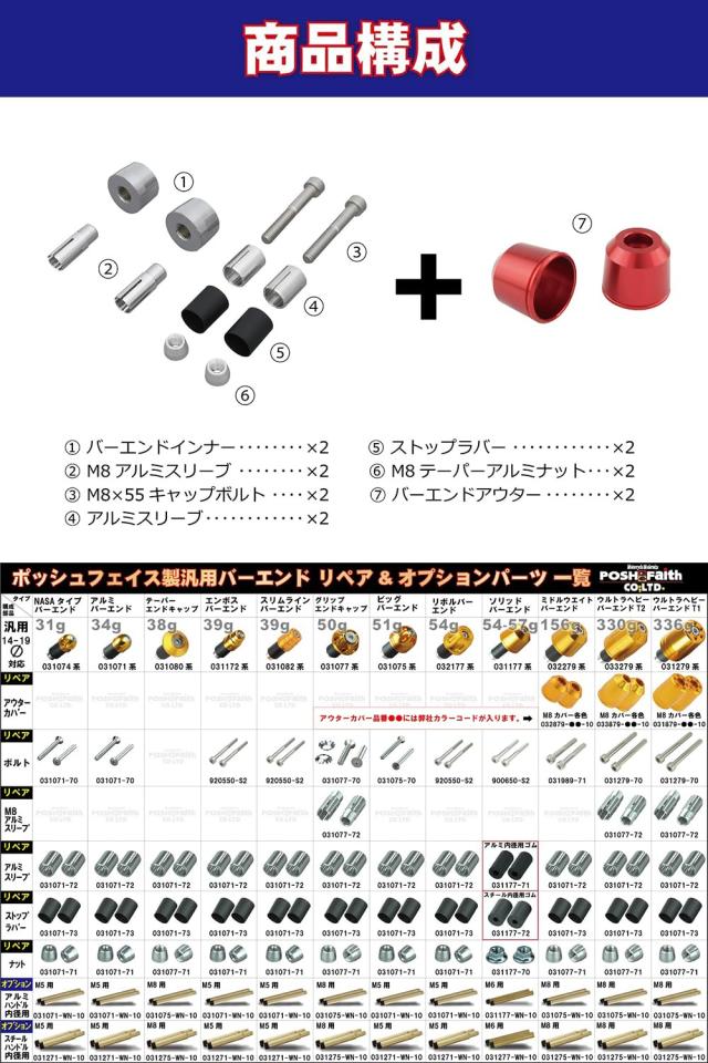 ポッシュフェイス(POSH FAITH) バイク用品 ハンドルバーエンド ミドルウェイトバーエンド ユニバーサル ハンドル内径14-19mm対応 レッド