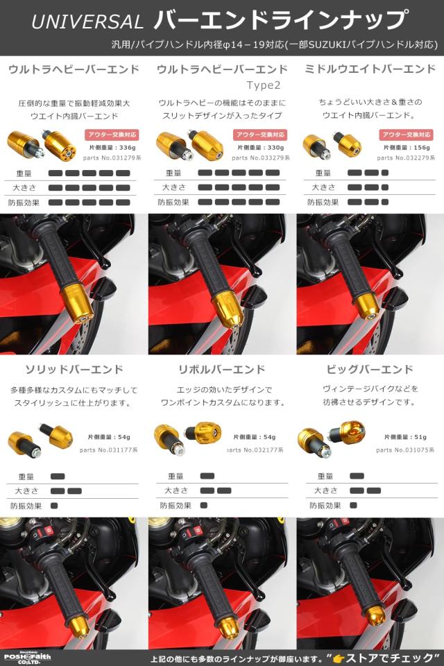 ポッシュフェイス(POSH FAITH) バイク用品 ハンドルバーエンド ミドルウェイトバーエンド ユニバーサル ハンドル内径14-19mm対応 レッド